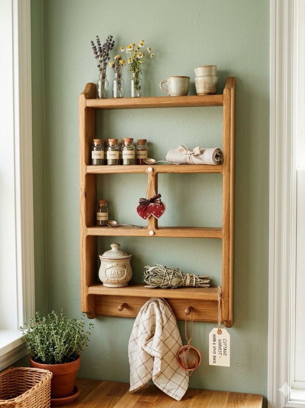 Slim Wood Entryway Wall Shelf with 2 key hooks| Farmhouse Country Cottage Stand